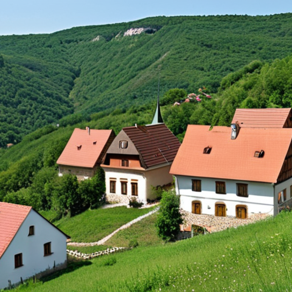 **

"A panoramic view of Nagykovácsi, Hungary, showcasing the unique cliffside architecture. Capture the blend of stone and wooden houses with red tile roofs nestled against the natural rock formations. Emphasize the harmony between the buildings and the surrounding lush greenery. Think quaint Hungarian village meets stunning natural landscape, evoking a sense of peaceful rural life. Consider adding elements of traditional Hungarian village life – perhaps someone tending a small garden plot on a hillside."

**