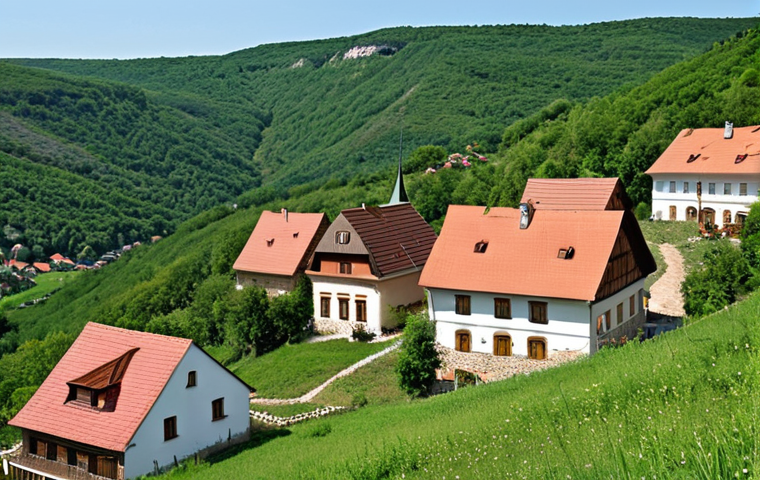 **
"A panoramic view of Nagykovácsi, Hungary, showcasing the unique cliffside architecture. Capture the blend of stone and wooden houses with red tile roofs nestled against the natural rock formations. Emphasize the harmony between the buildings and the surrounding lush greenery. Think quaint Hungarian village meets stunning natural landscape, evoking a sense of peaceful rural life. Consider adding elements of traditional Hungarian village life – perhaps someone tending a small garden plot on a hillside."
**
