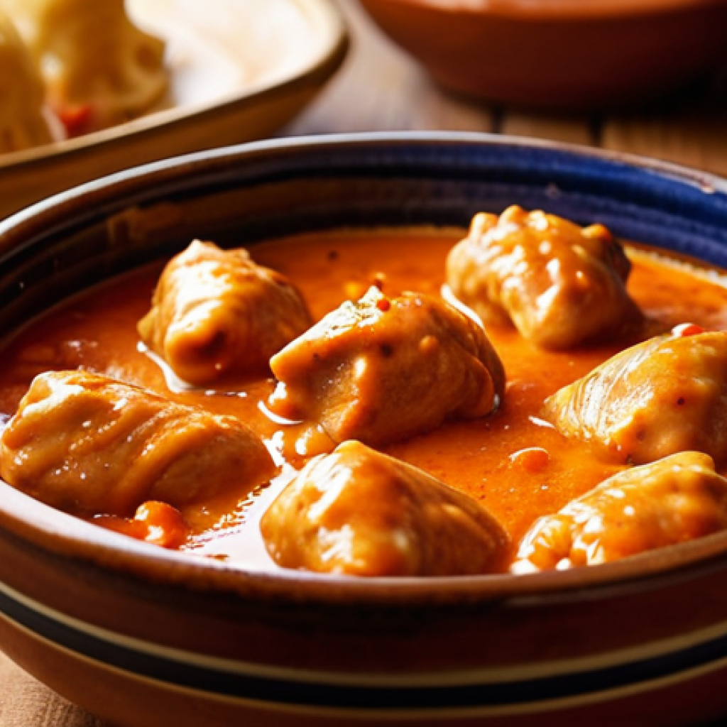 A close-up, high-angle shot of an authentic Hungarian Chicken Paprikash (Csirke Paprikás) served in a rustic ceramic bowl. The dish features tender chicken pieces submerged in a rich, glossy, vibrant orange-red creamy sauce, subtly steaming. A side of golden-brown nokedli (Hungarian dumplings) is visible, ready to soak up the sauce. The background is softly blurred, hinting at a warm, traditional Hungarian local restaurant interior with warm lighting. Emphasize appetizing textures, vibrant colors, and hyperrealistic food photography.