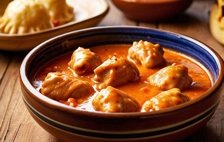 A close-up, high-angle shot of an authentic Hungarian Chicken Paprikash (Csirke Paprikás) served in a rustic ceramic bowl. The dish features tender chicken pieces submerged in a rich, glossy, vibrant orange-red creamy sauce, subtly steaming. A side of golden-brown nokedli (Hungarian dumplings) is visible, ready to soak up the sauce. The background is softly blurred, hinting at a warm, traditional Hungarian local restaurant interior with warm lighting. Emphasize appetizing textures, vibrant colors, and hyperrealistic food photography.