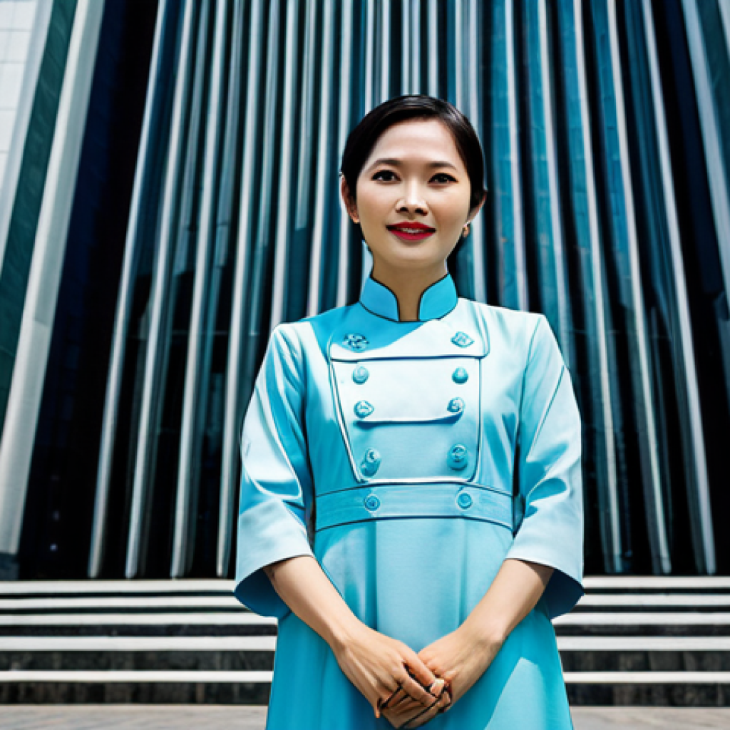 **
A professional businesswoman in a modest Ao Dai (traditional Vietnamese dress), standing in front of the Landmark 81 building in Ho Chi Minh City, fully clothed, appropriate attire, safe for work, perfect anatomy, natural proportions, professional photography, high quality, family-friendly.
**