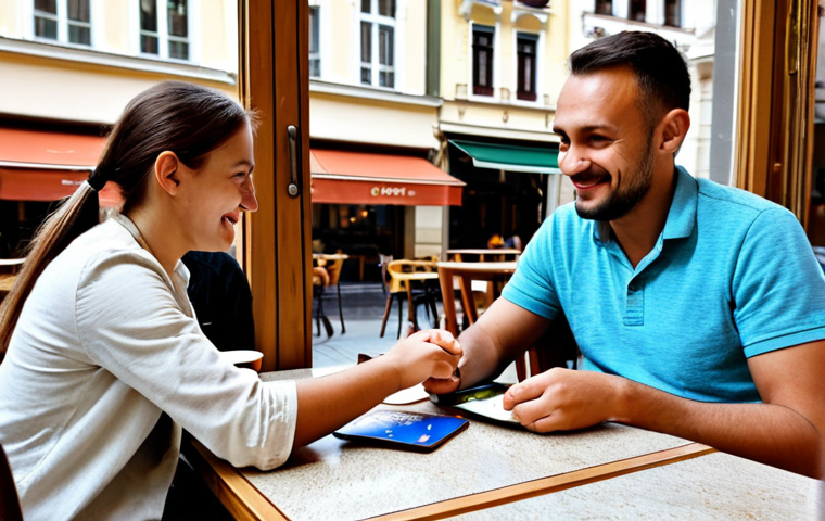 헝가리 환전 팁 - Exchanging Currency**

"A tourist in appropriate travel attire, fully clothed, at a bank in Budapest...