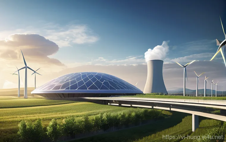 헝가리 에너지 정책 - **Prompt:** A sprawling, futuristic energy hub showcasing diverse power generation. In the foregroun...