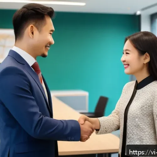 Home 11 헝가리 문화 예절 - A professional business meeting scene between a Vietnamese and a Hungarian person in a modern office...