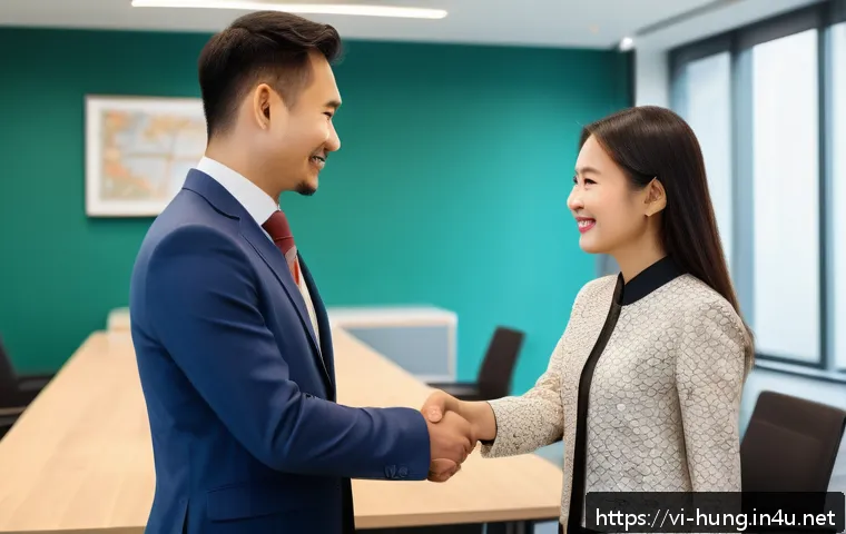 헝가리 문화 예절 - A professional business meeting scene between a Vietnamese and a Hungarian person in a modern office...