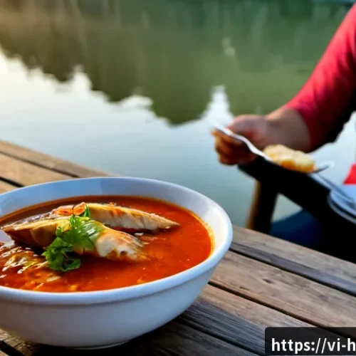 Home 13 헝가리 할라스레 소개 - Photorealistic Hungarian halászlé fish soup served in a rustic riverside restaurant in Budapest, viv...