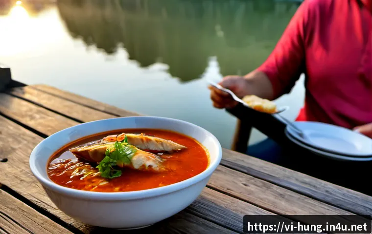 헝가리 할라스레 소개 - Photorealistic Hungarian halászlé fish soup served in a rustic riverside restaurant in Budapest, viv...