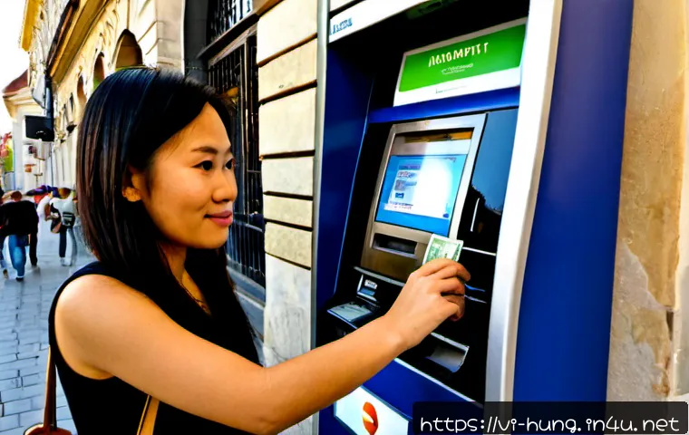 헝가리 ATM 이용법 - Photorealistic travel scene in Budapest, a Vietnamese tourist using a modern street ATM beside a his...